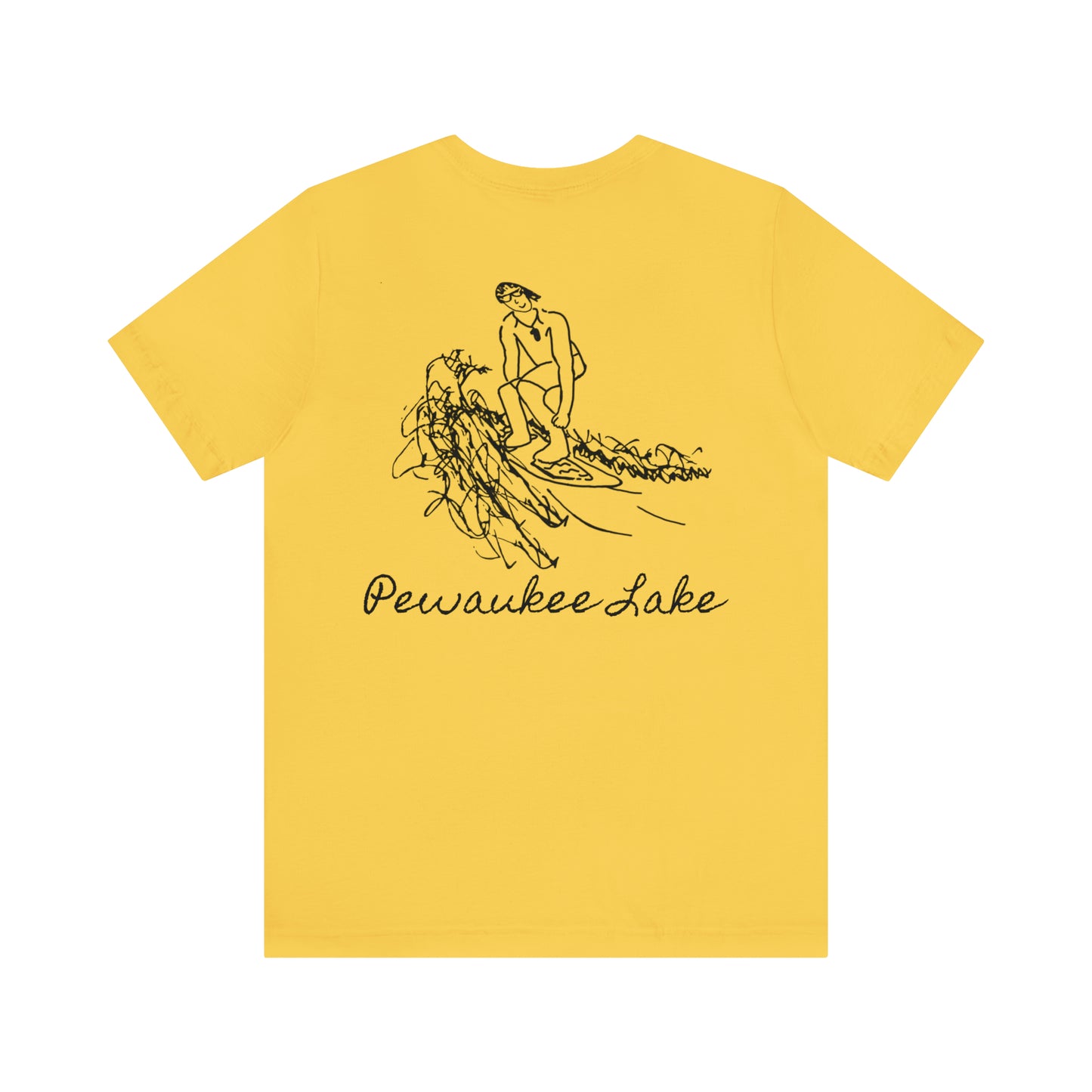 Pewaukee Lake, Bottle Front & Surfing Sketch - Unisex Lightweight Short Sleeve Tee