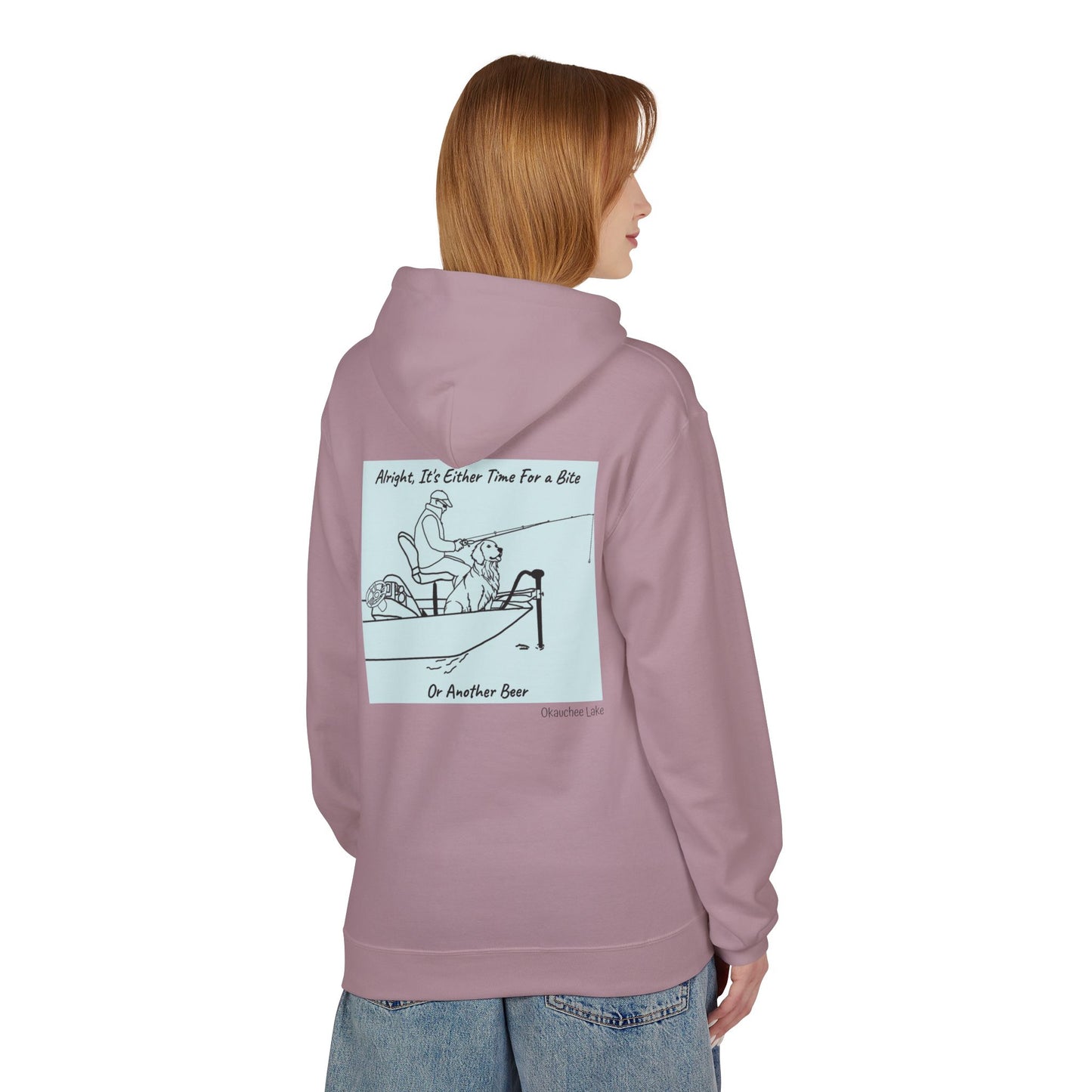 Bite or Beer Fishing, Golden retriever Kayak Dog Midweight Travel Hoodie - Softstyle Gildan