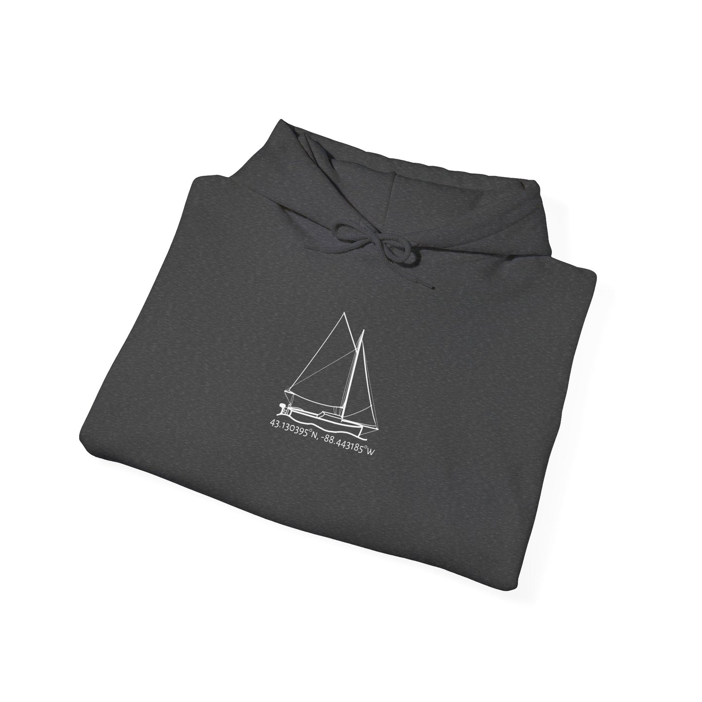 Sailboat with Motor Okauchee Lake Coordinates Unisex Heavy Blend™ Hooded Sweatshirt