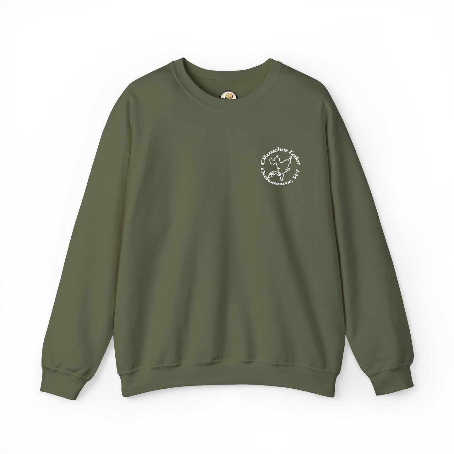Okauchee Lake Embroidered circle text Oconomowoc WI Unisex Heavy Blend™ Crewneck Sweatshirt