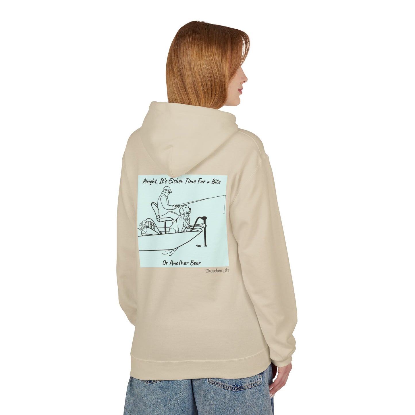Bite or Beer Fishing, Golden retriever Kayak Dog Midweight Travel Hoodie - Softstyle Gildan