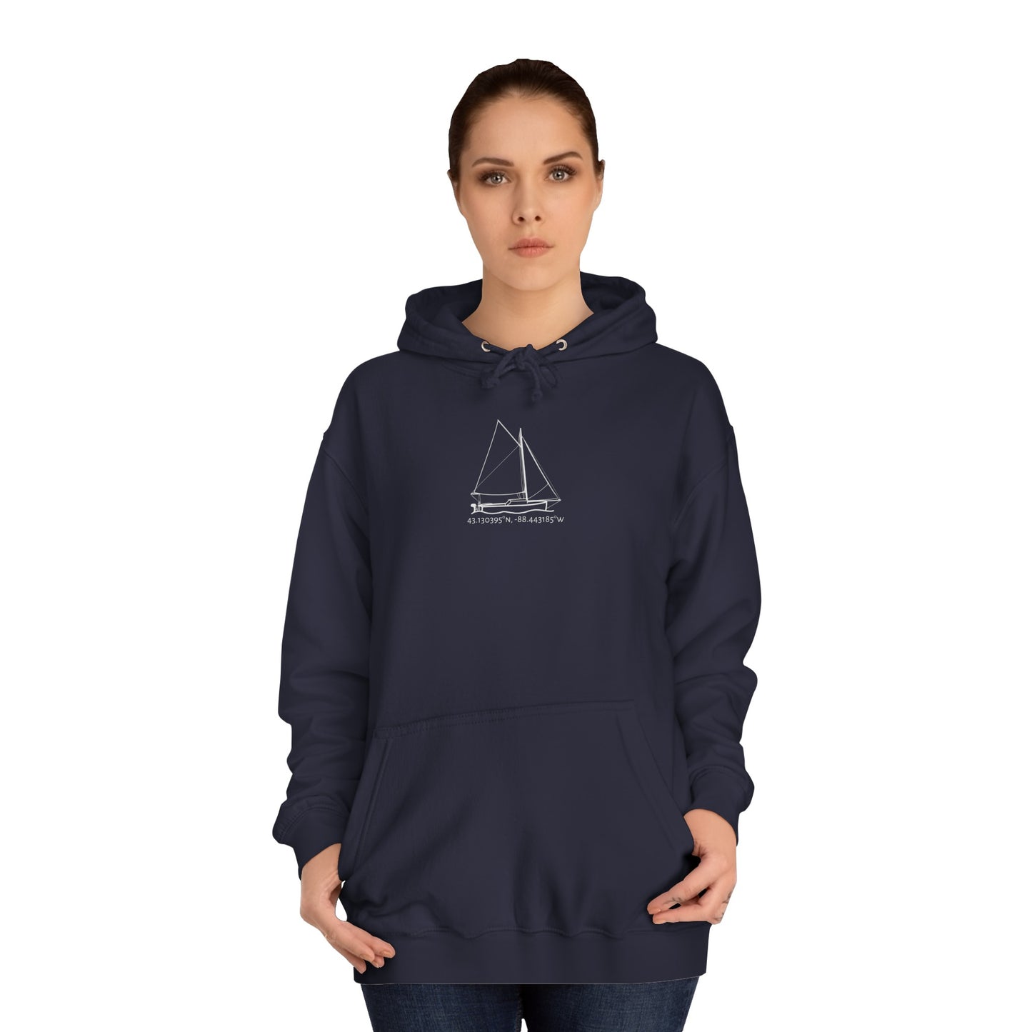 Sailboat With Motor Okauchee Lake Coordinates - Medium Weight Hoodie