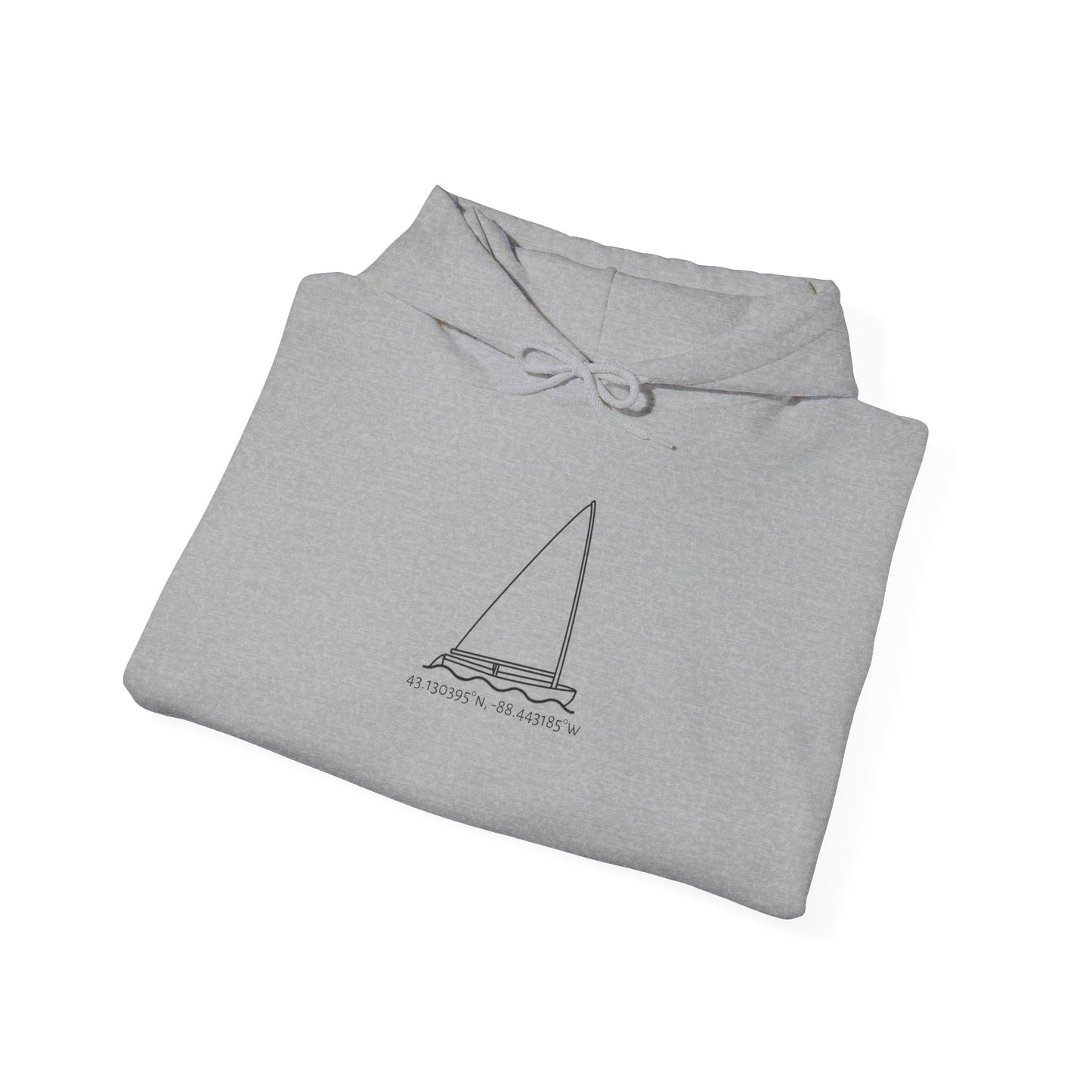 Sailboat Finn Model Type Okauchee Lake Coordinates Unisex Heavy Blend™ Hooded Sweatshirt