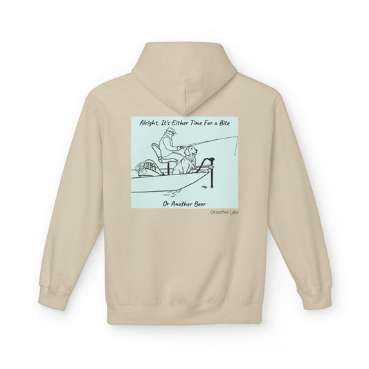 Bite or Beer Fishing, Golden retriever Kayak Dog Midweight Travel Hoodie - Softstyle Gildan