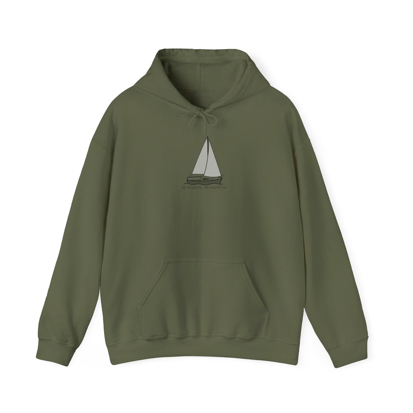 Sailboat Comfort Okauchee Lake Coordinates Unisex Heavy Blend™ Hooded Sweatshirt (G)