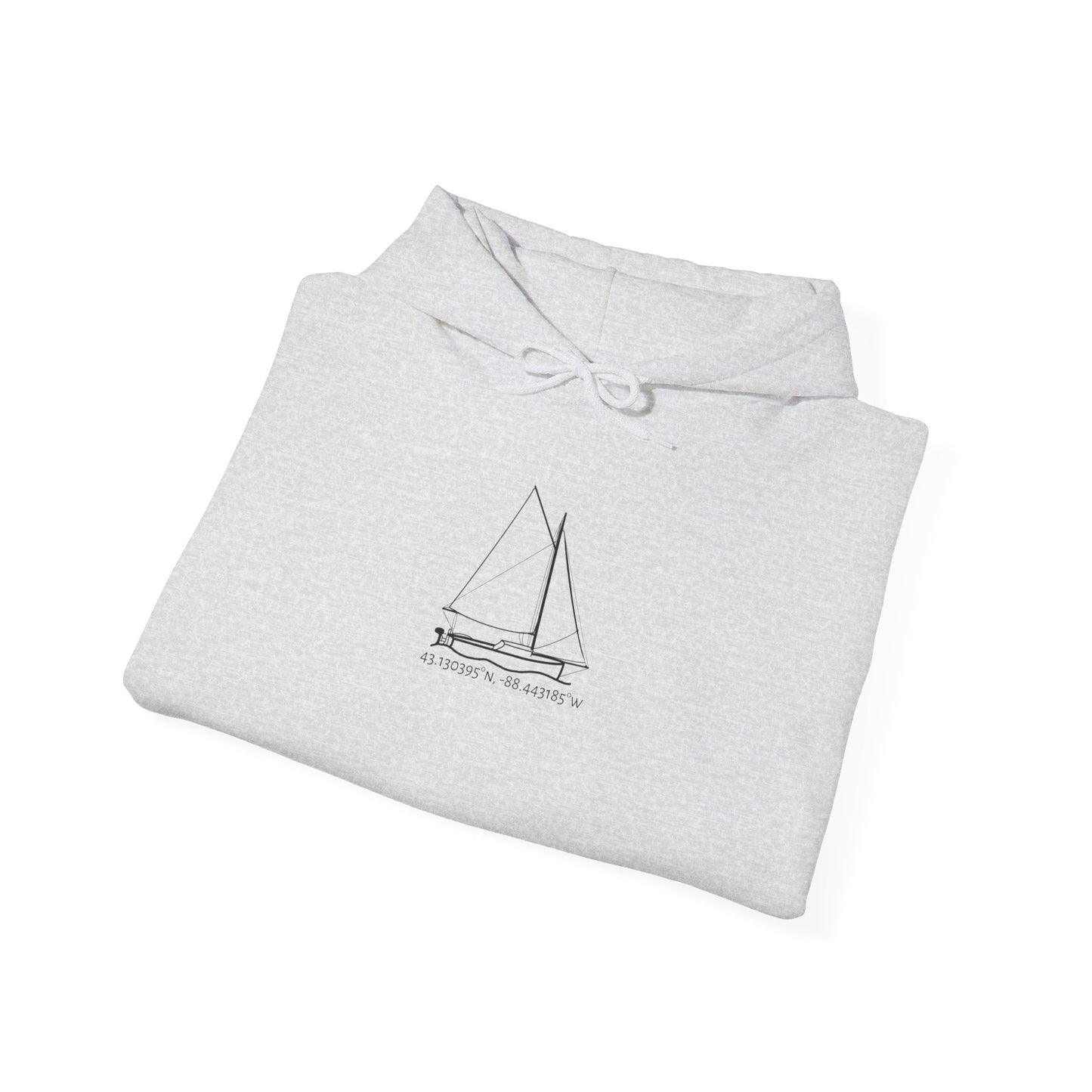 Sailboat with Motor Okauchee Lake Coordinates Unisex Heavy Blend™ Hooded Sweatshirt