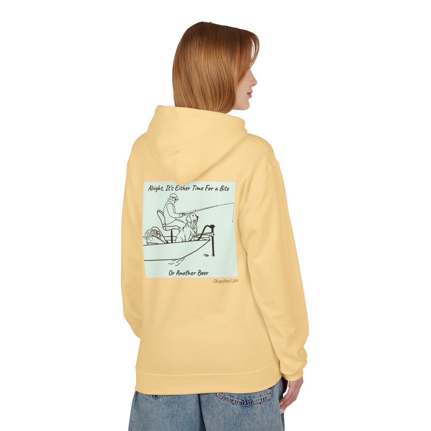 Bite or Beer Fishing, Golden retriever Kayak Dog Midweight Travel Hoodie - Softstyle Gildan