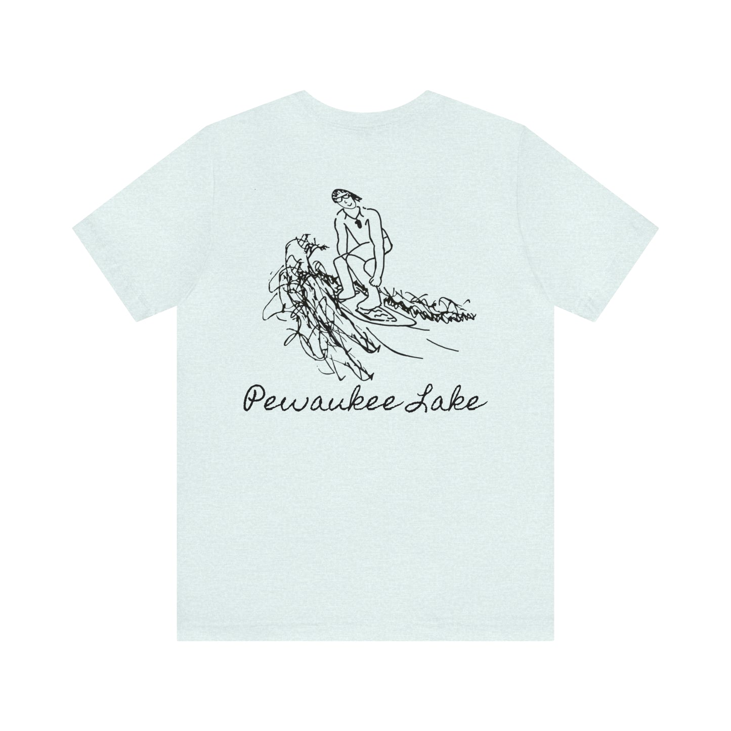 Pewaukee Lake, Bottle Front & Surfing Sketch - Unisex Lightweight Short Sleeve Tee