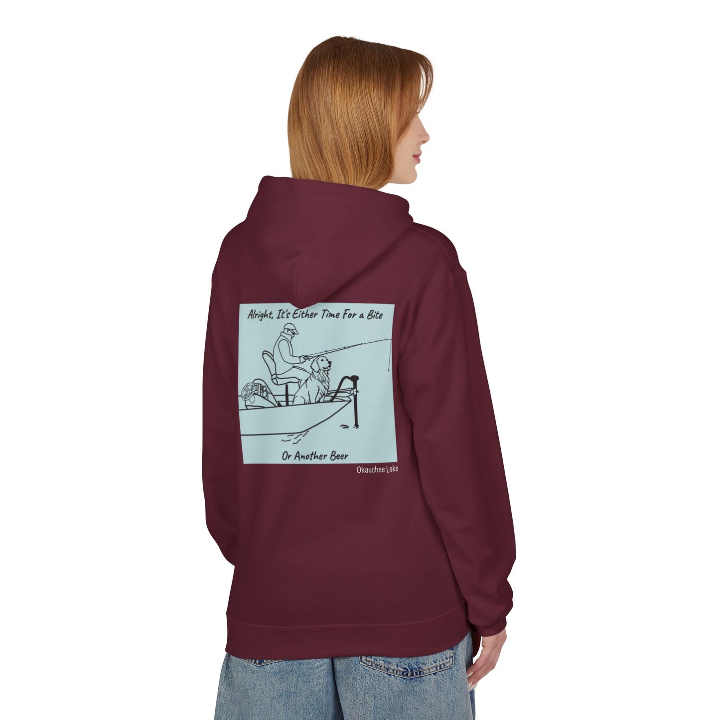 Bite or Beer Fishing, Golden retriever Kayak Dog Midweight Travel Hoodie - Softstyle Gildan