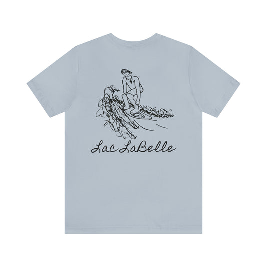 Lac LaBelle, Bottle Front & Surfing Sketch -Unisex Lightweight Short Sleeve Tee